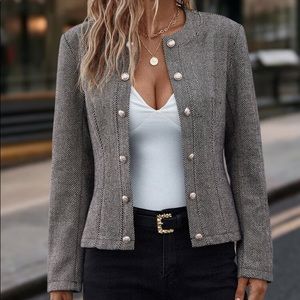 Classic Grey Herringbone Women's Blazer Jacket